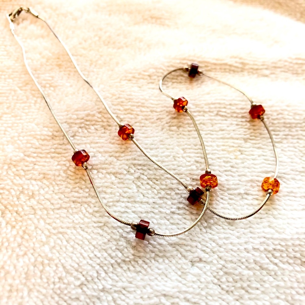 Sterling Silver And Amber Necklace